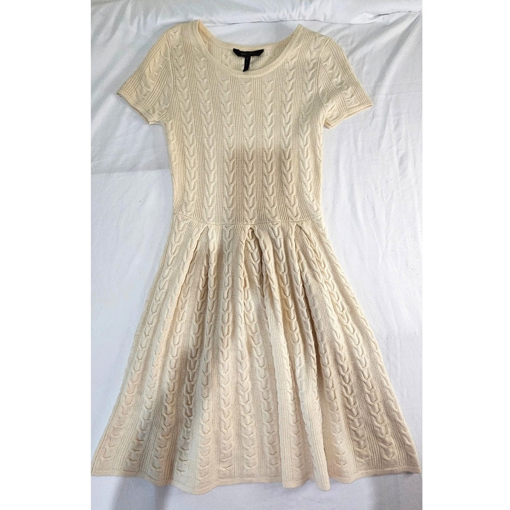 BCBGMAXAZRIA Cream 100%‎ Wool Cable Knit Short Sleeve Fit & Flare Dress XS Ivory